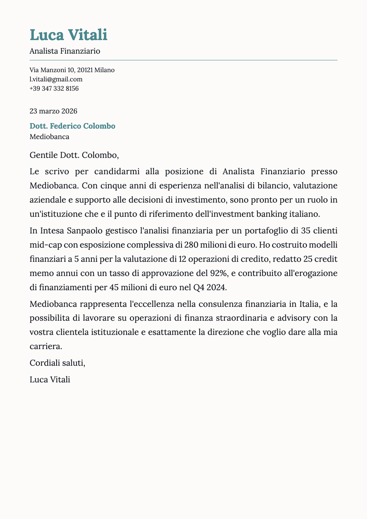 Analista Finanziario cover letter example