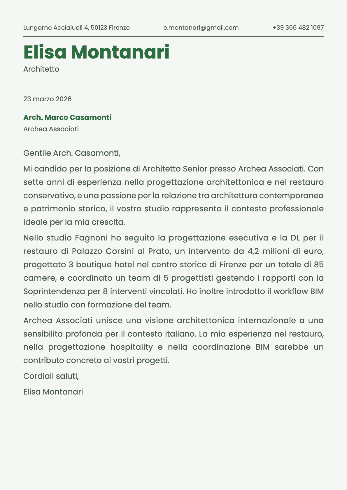 Architetto cover letter example