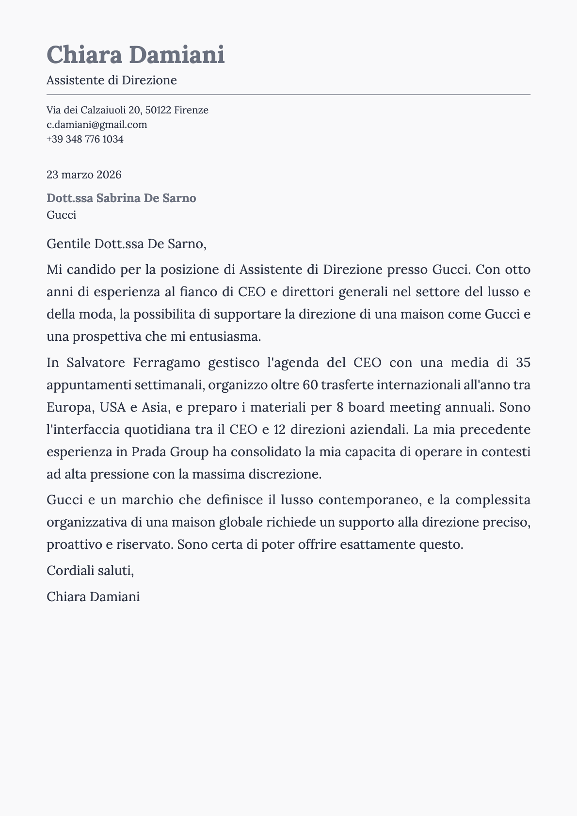 Assistente di Direzione cover letter example