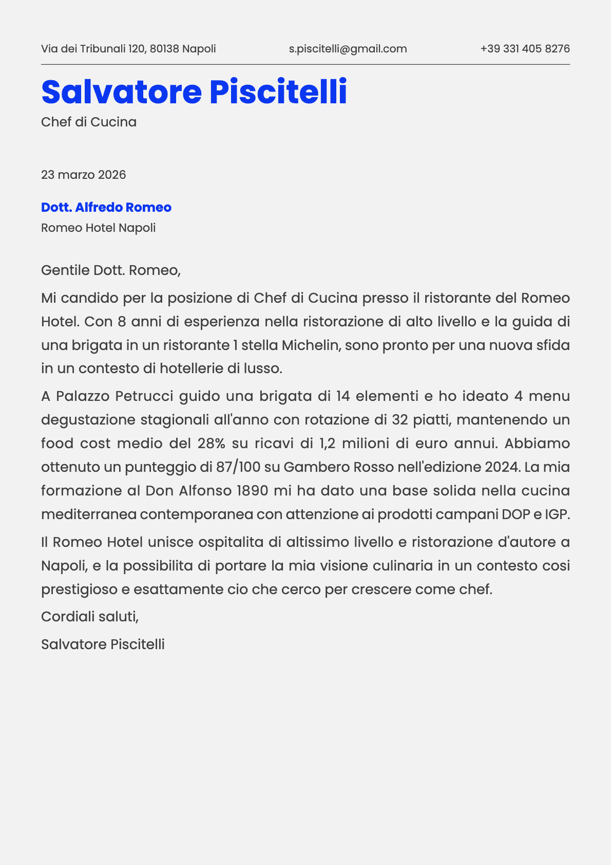 Chef di Cucina cover letter example