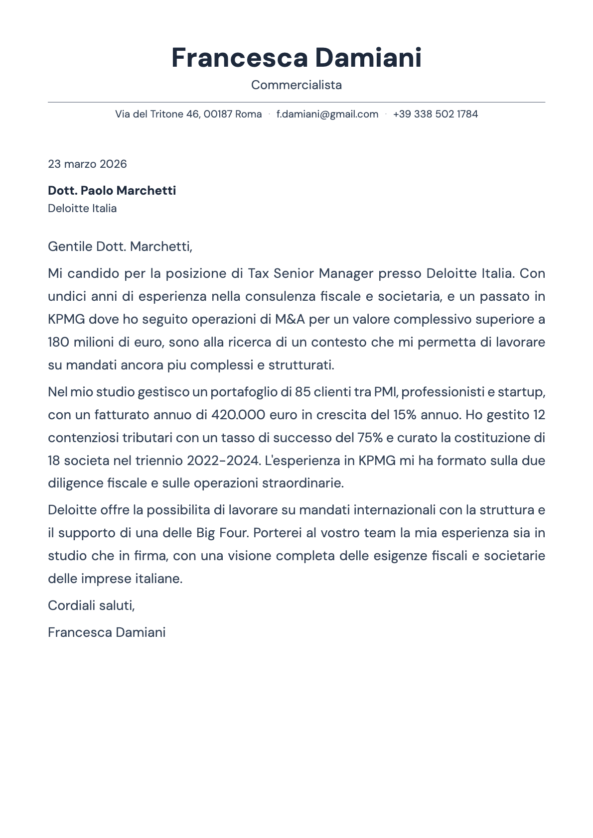 Commercialista cover letter example