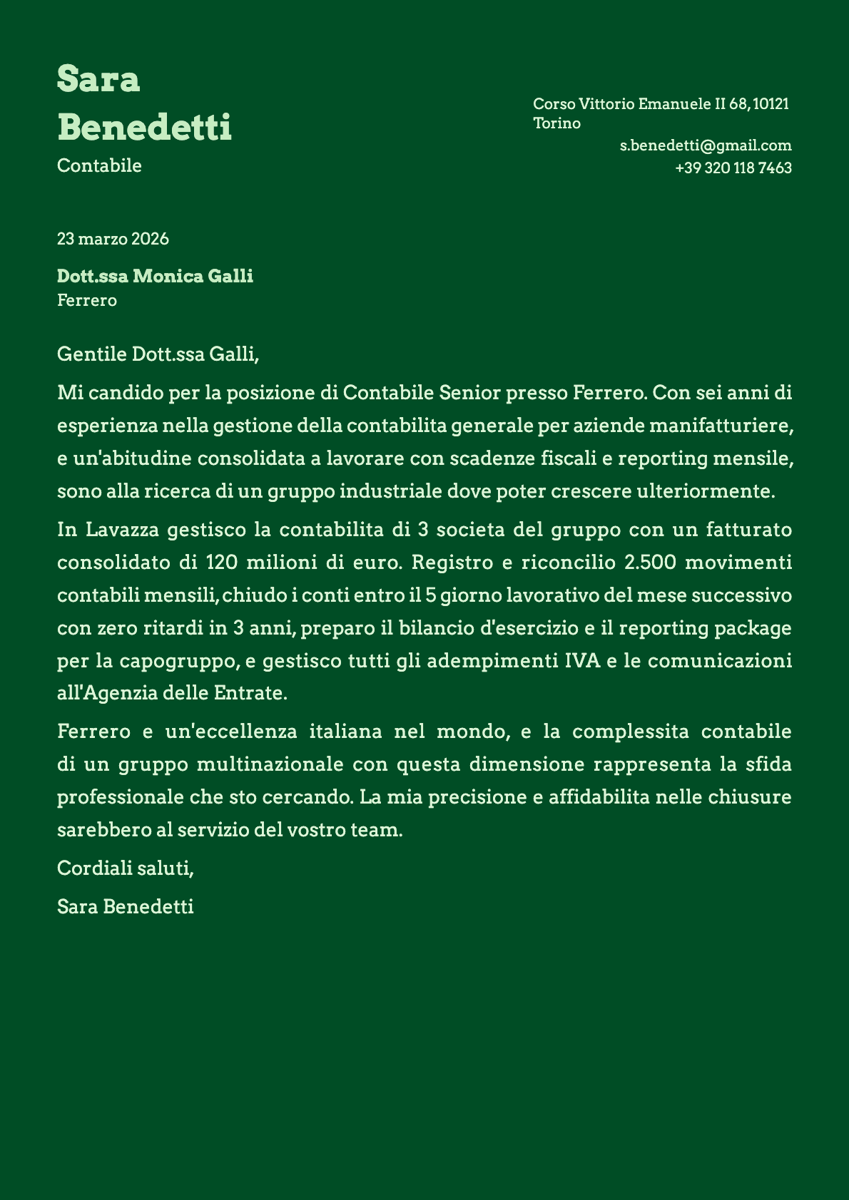 Contabile cover letter example