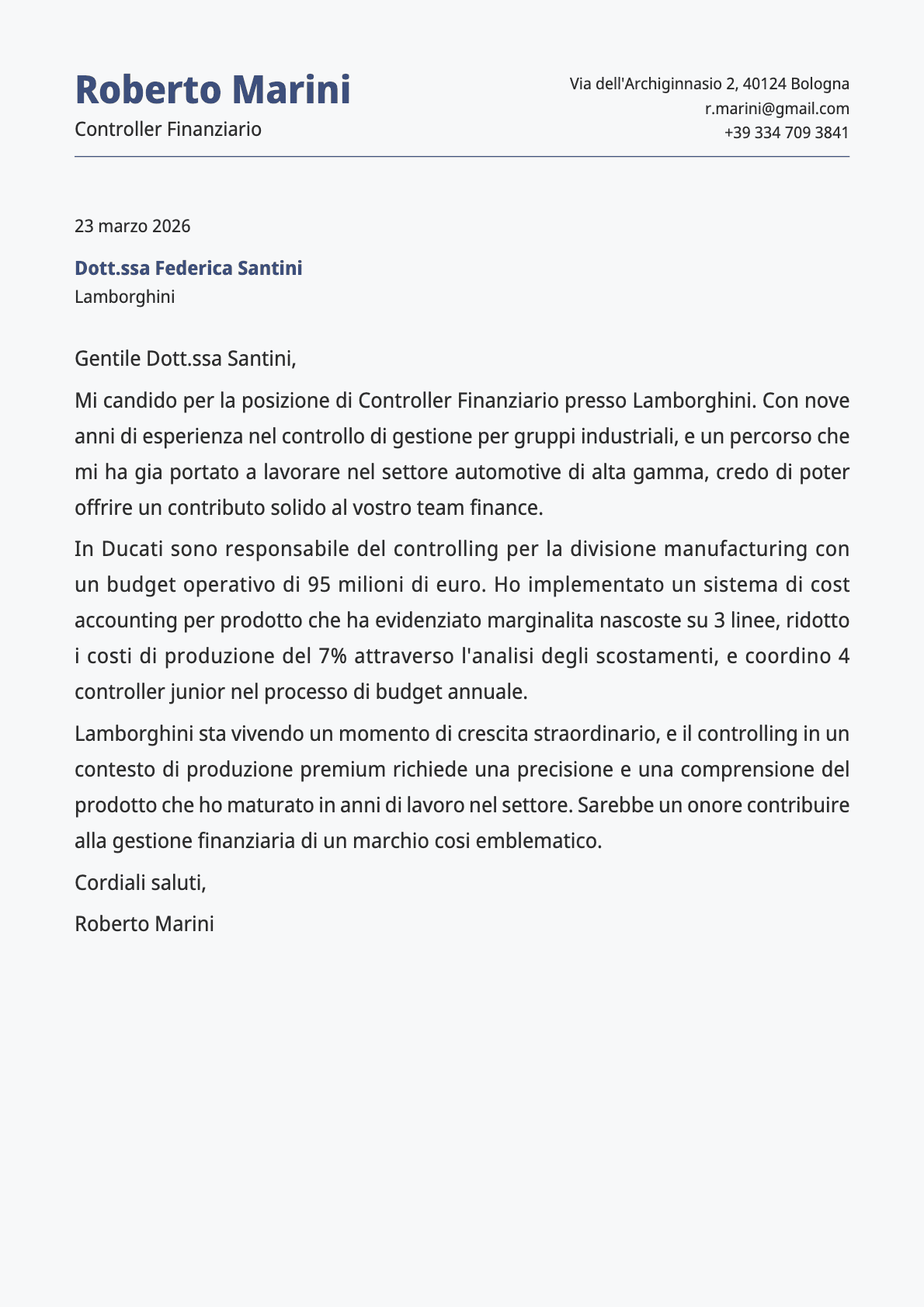 Controller Finanziario cover letter example