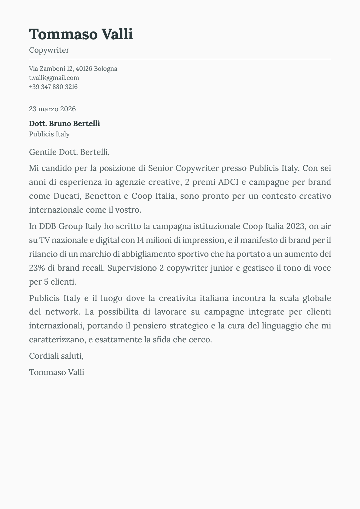 Copywriter cover letter example