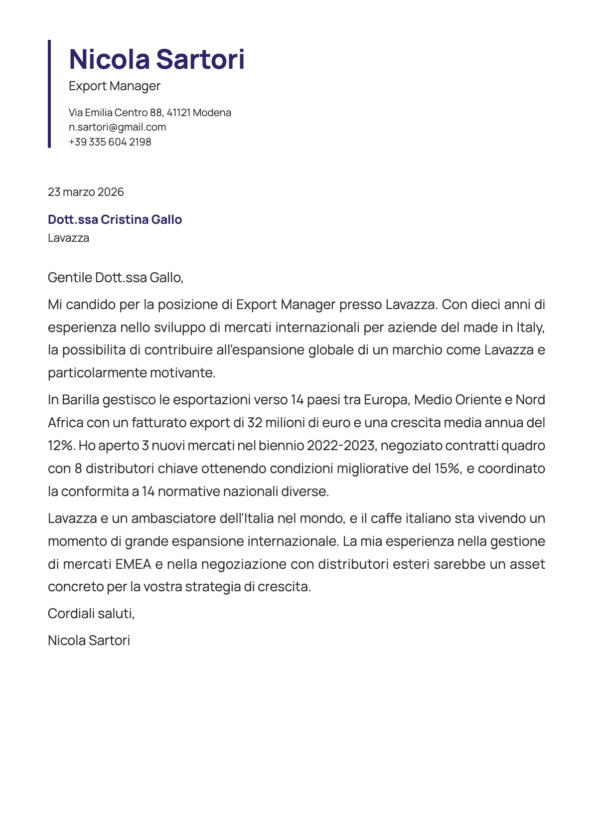 Export Manager cover letter example