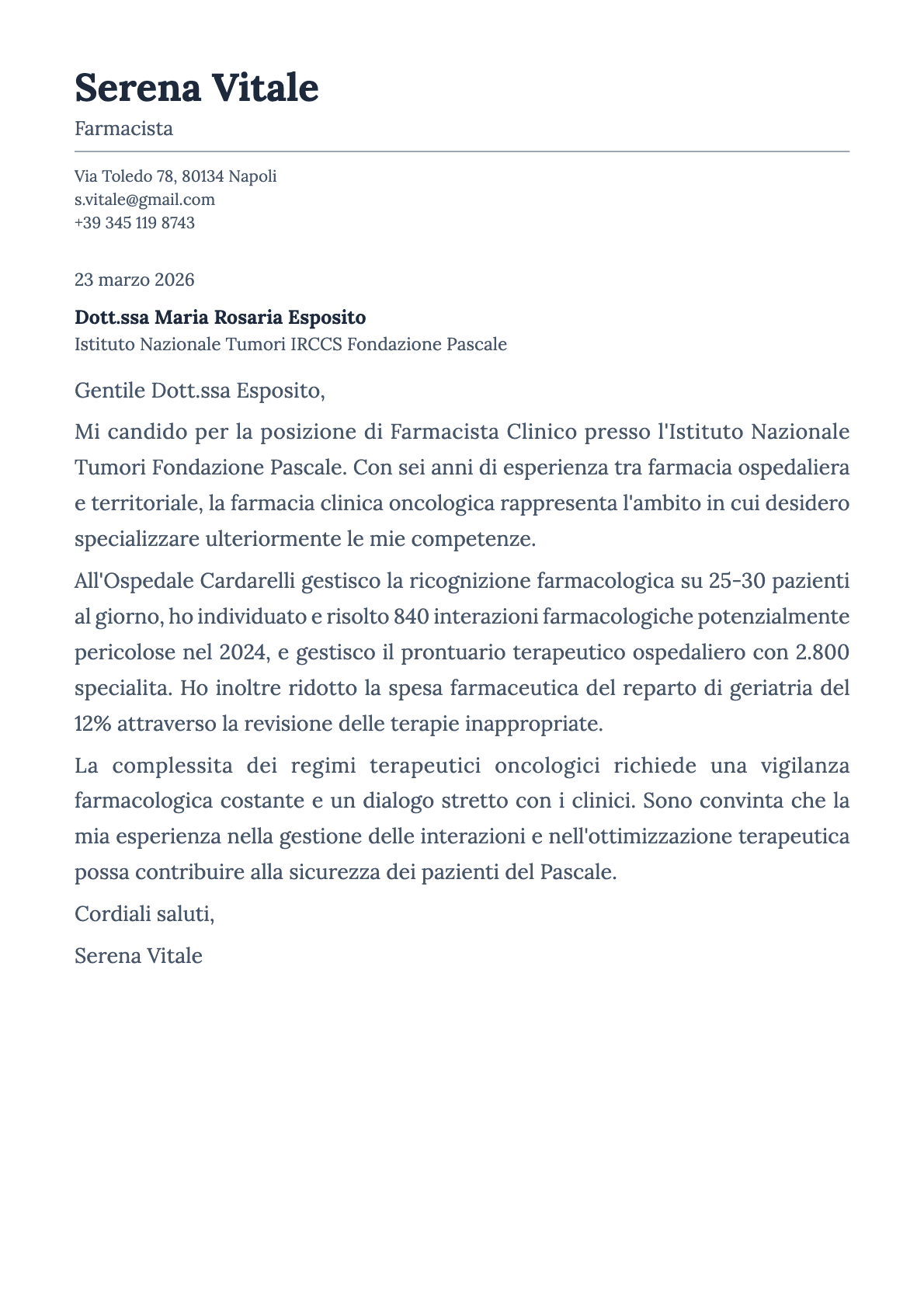 Farmacista cover letter example