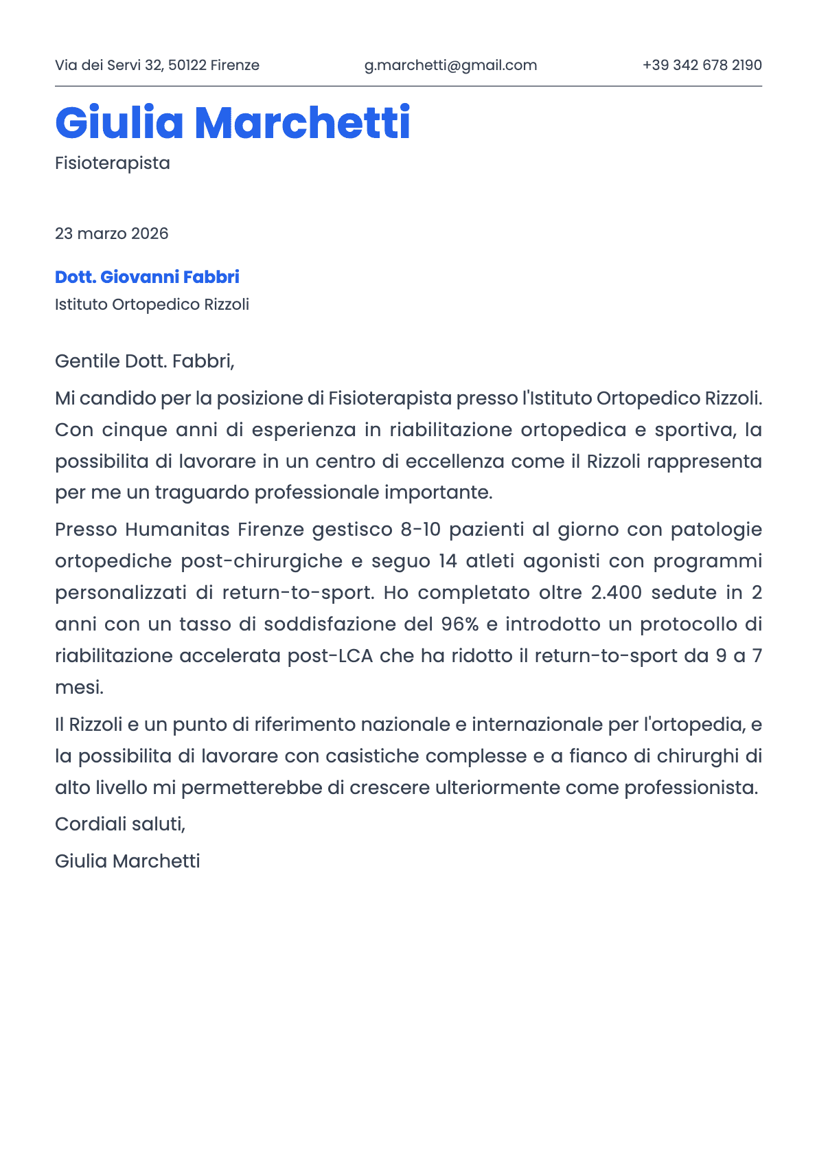 Fisioterapista cover letter example