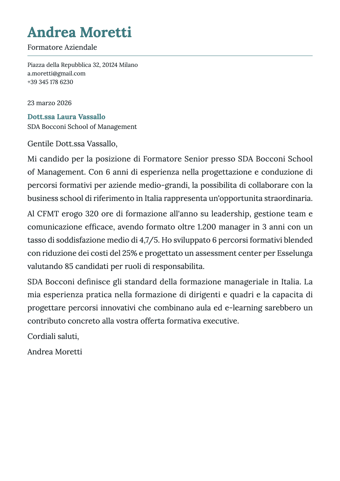 Formatore Aziendale cover letter example