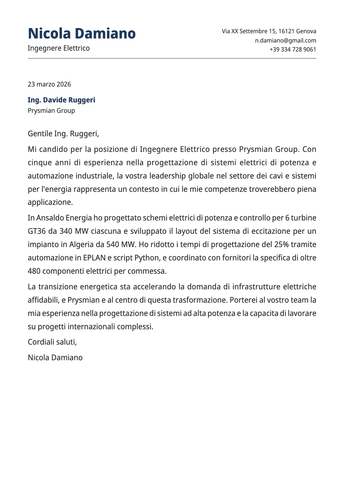 Ingegnere Elettrico cover letter example
