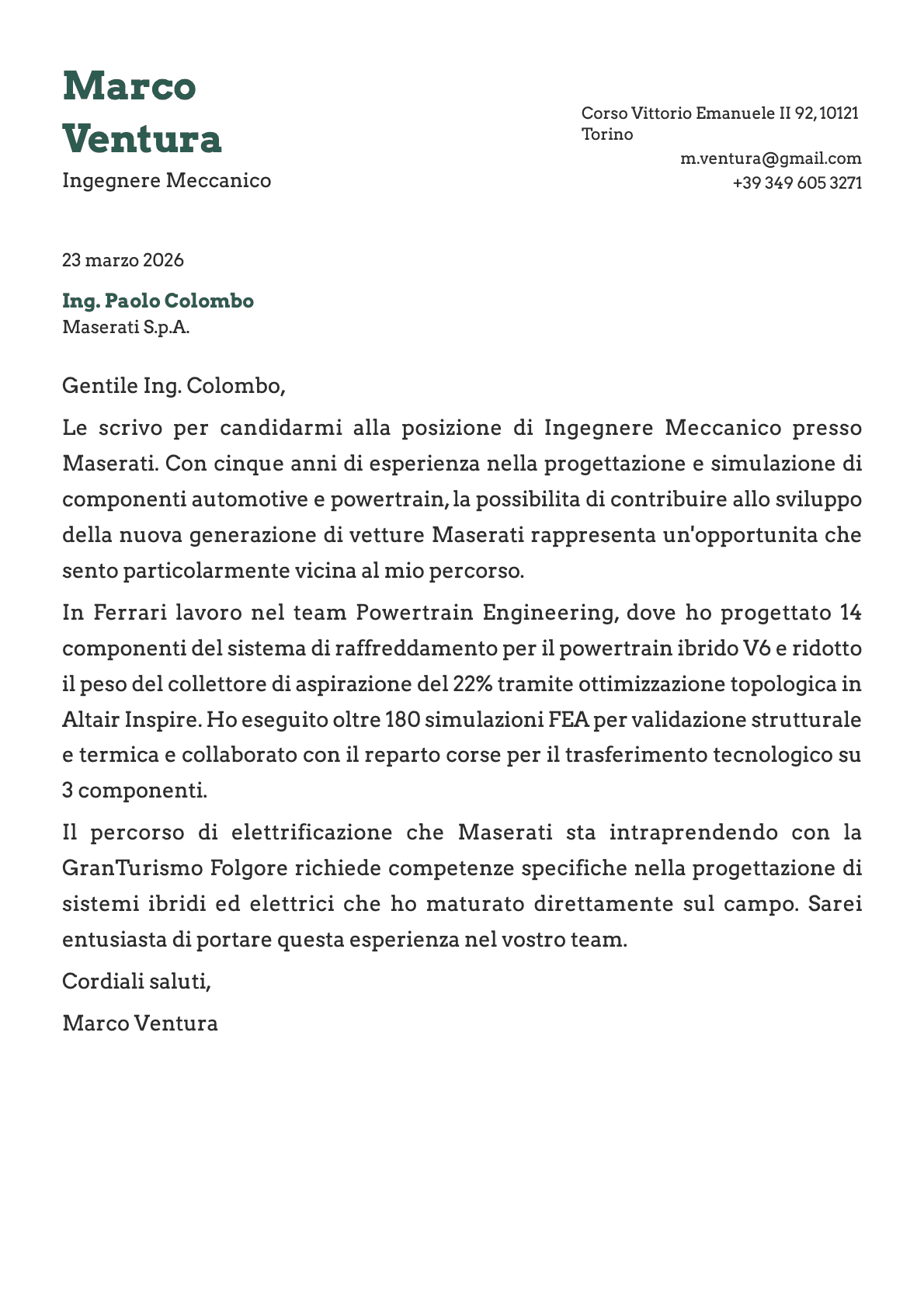 Ingegnere Meccanico cover letter example