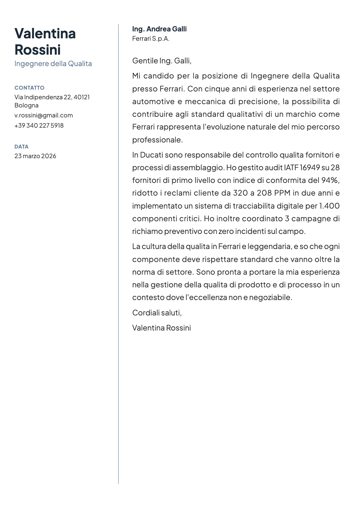 Ingegnere della Qualita cover letter example