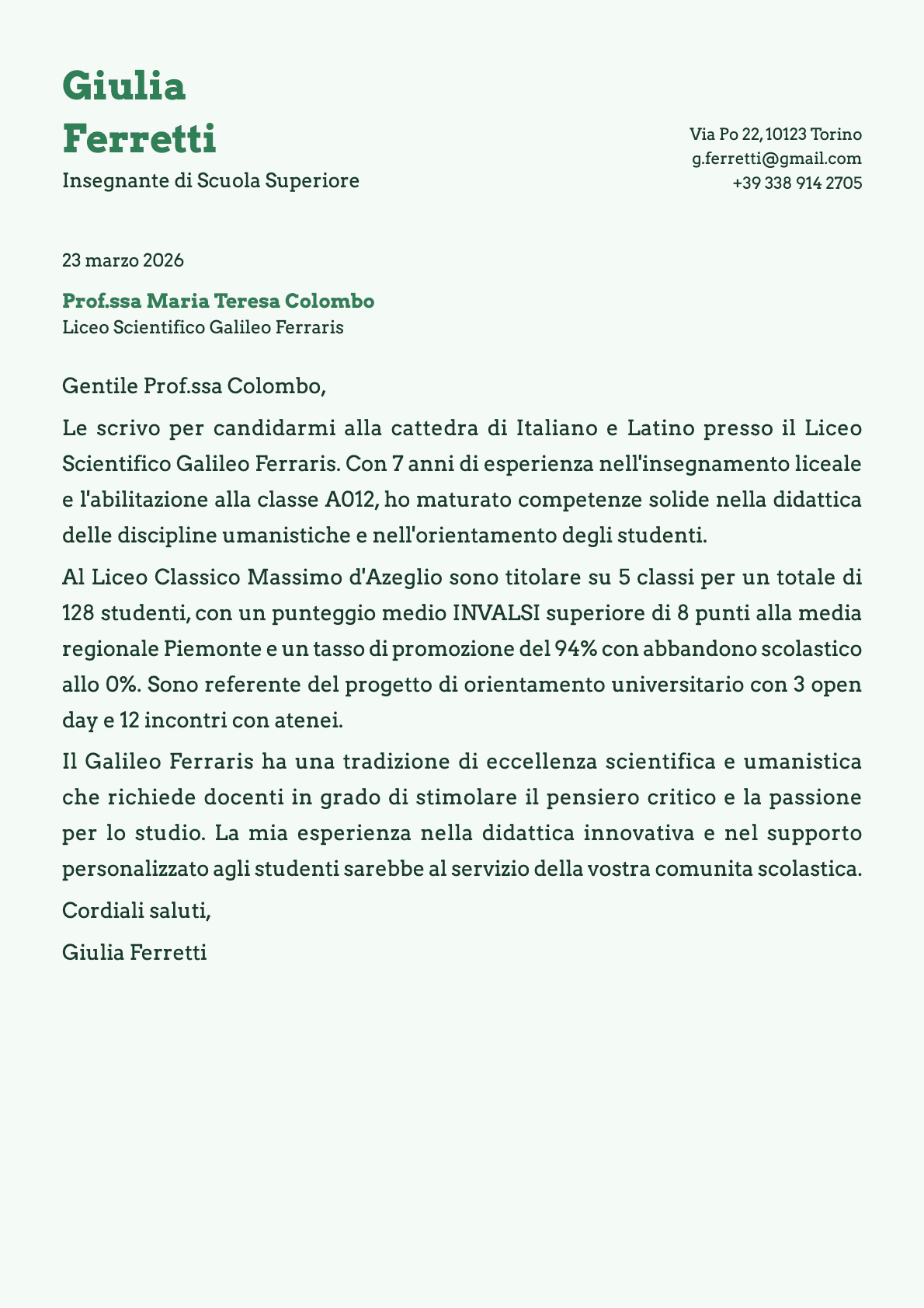 Insegnante di Scuola Superiore cover letter example