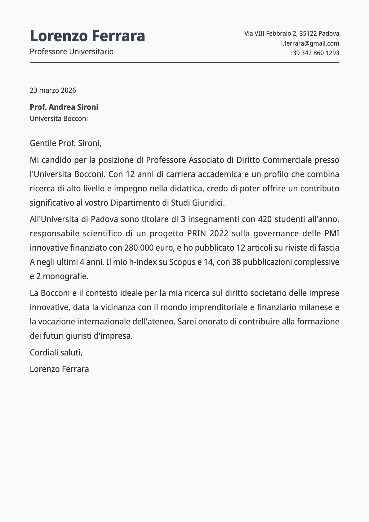 Professore Universitario cover letter example