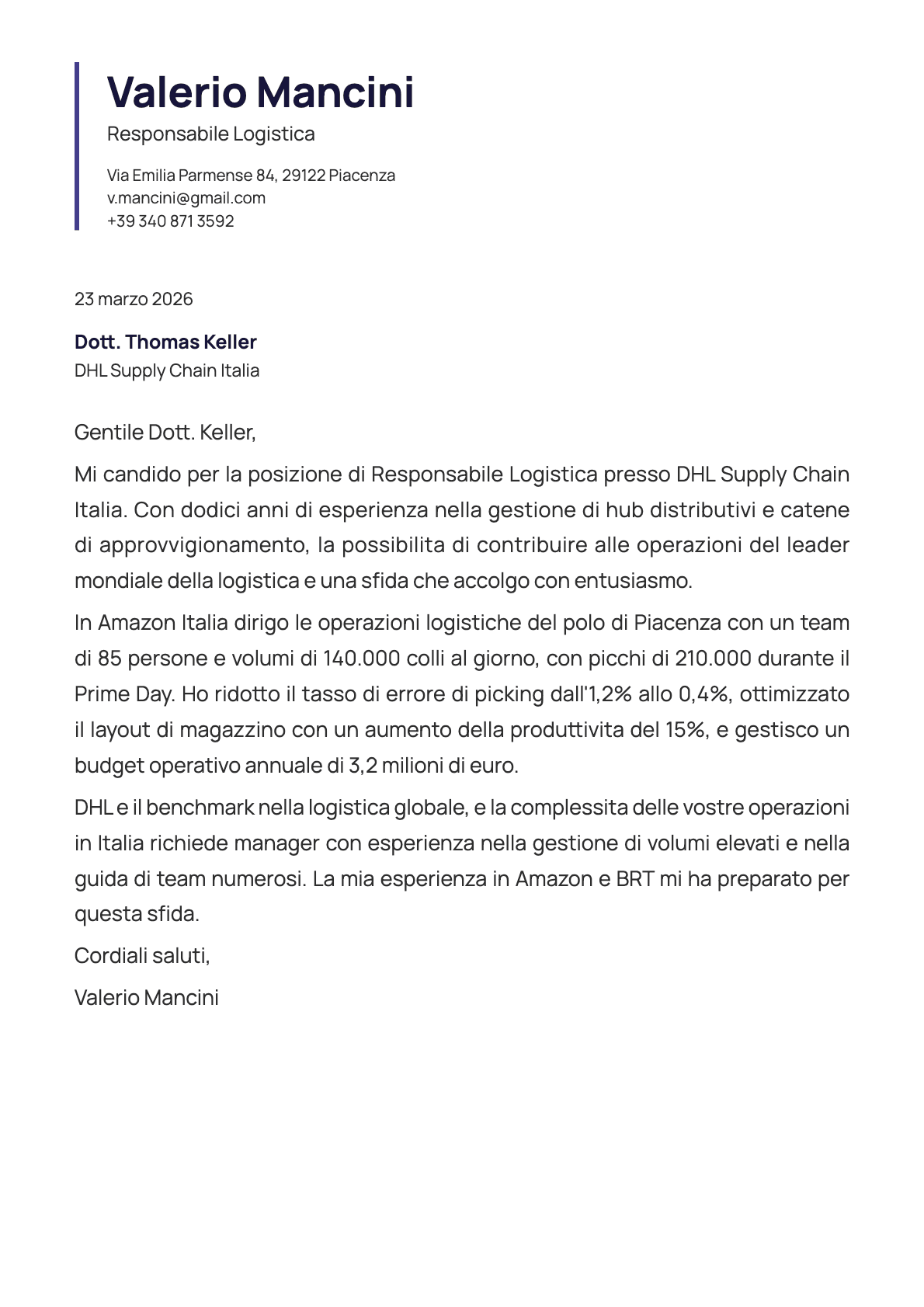 Responsabile Logistica cover letter example