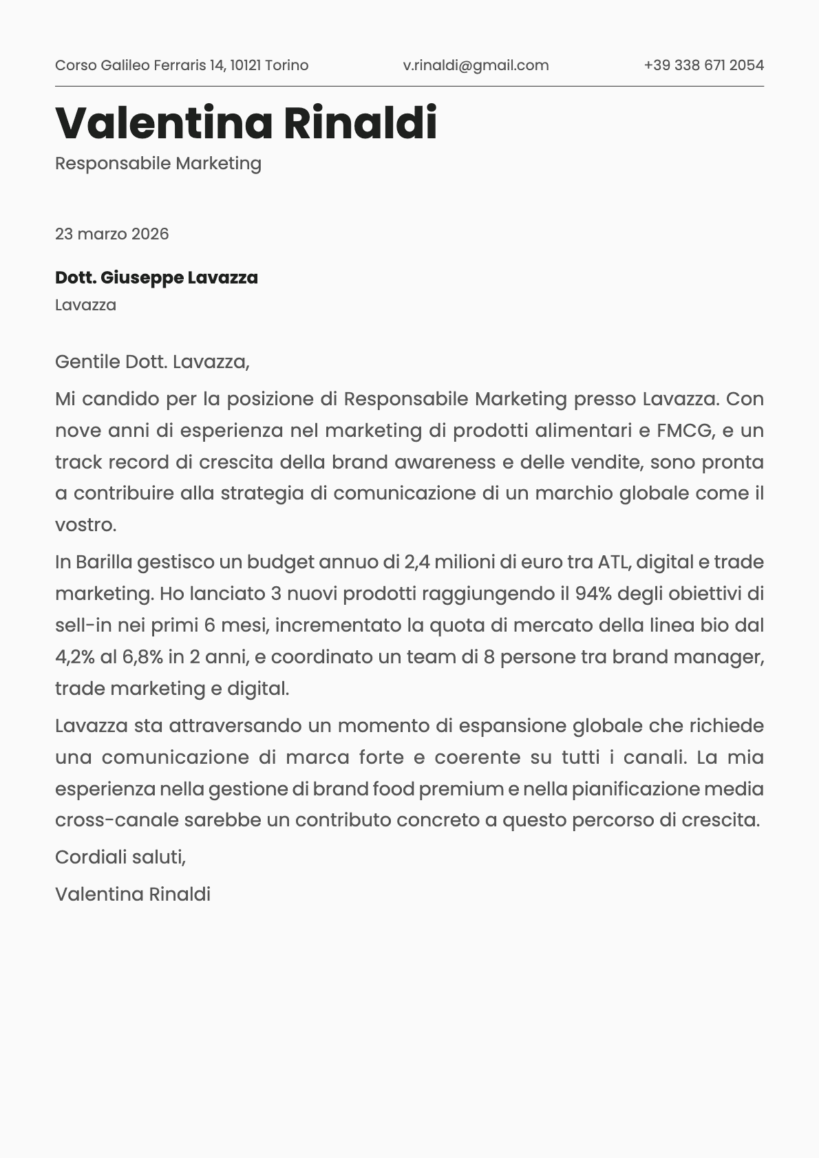 Responsabile Marketing cover letter example