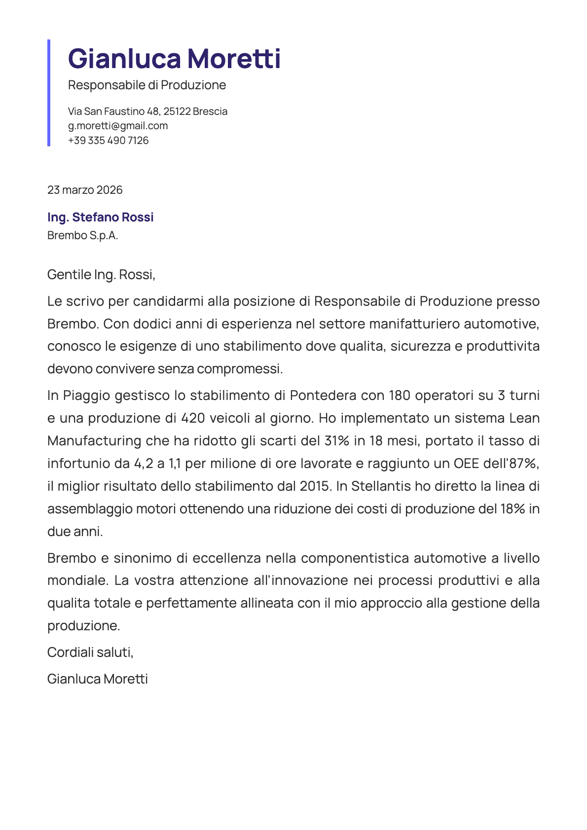 Responsabile di Produzione cover letter example