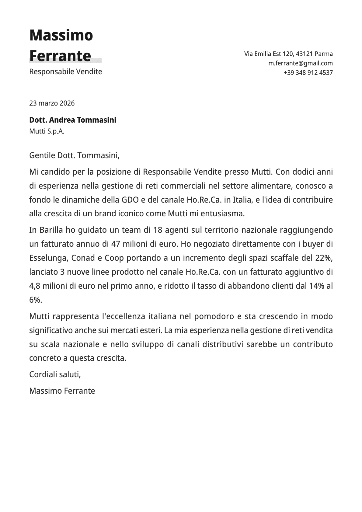 Responsabile Vendite cover letter example