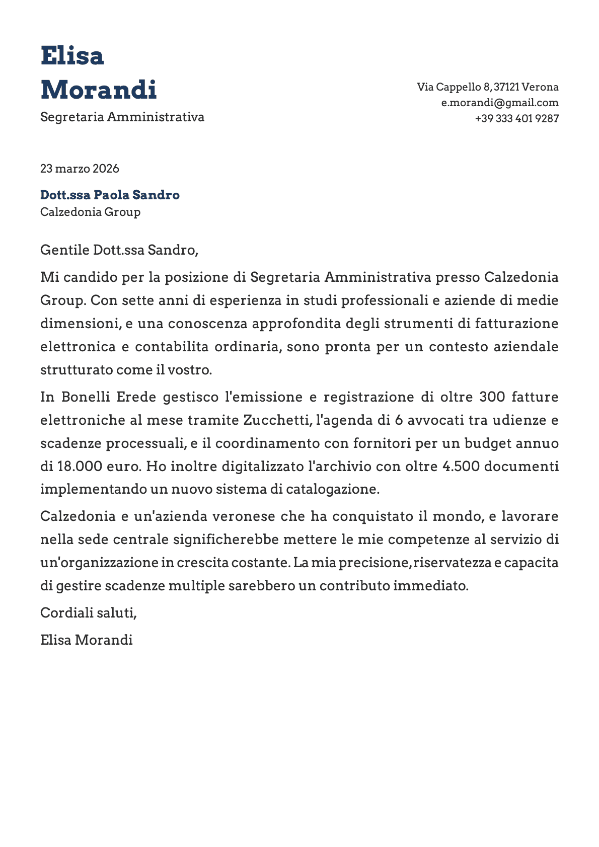 Segretaria Amministrativa cover letter example