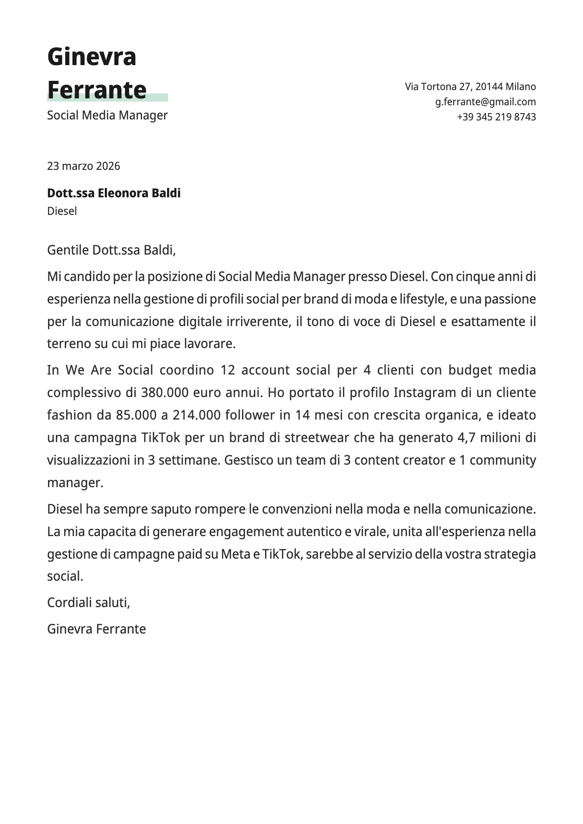 Social Media Manager cover letter example