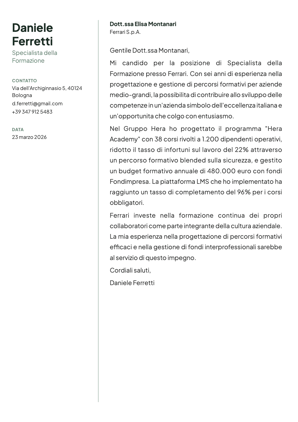 Specialista della Formazione cover letter example