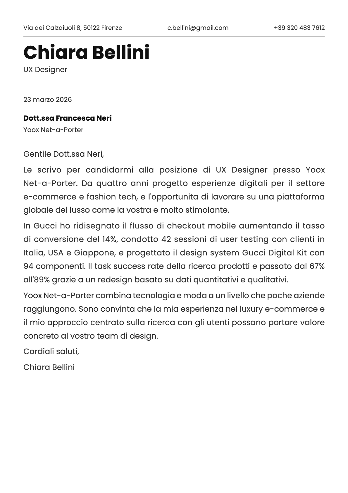 UX Designer cover letter example