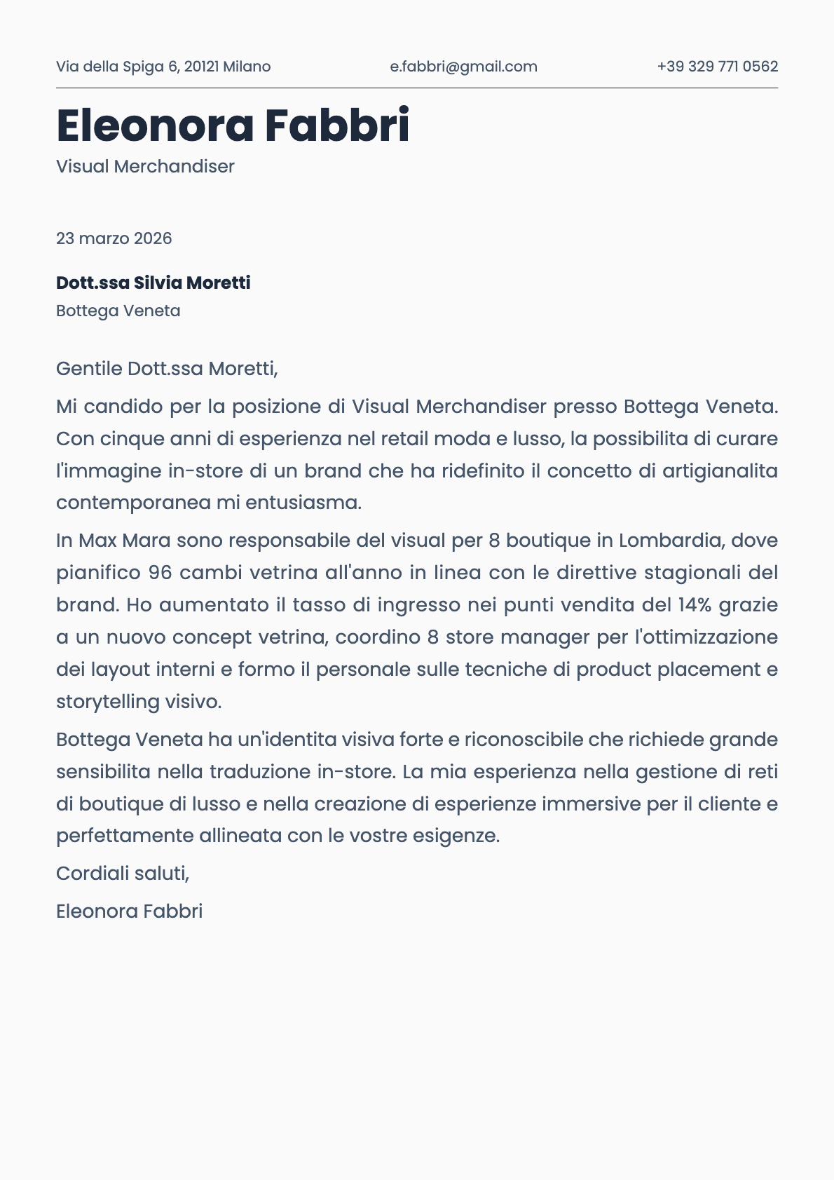 Visual Merchandiser cover letter example