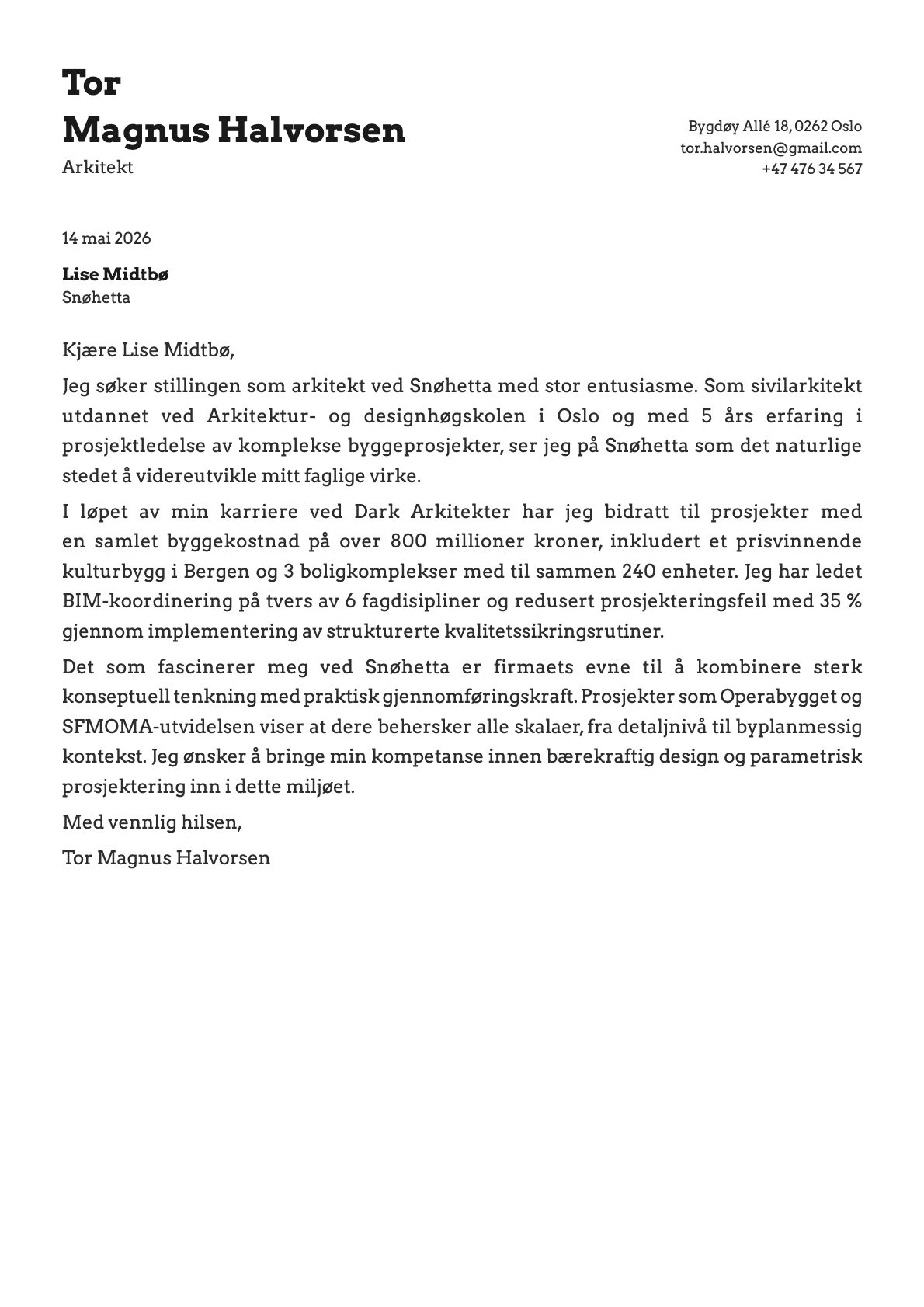 Arkitekt cover letter example