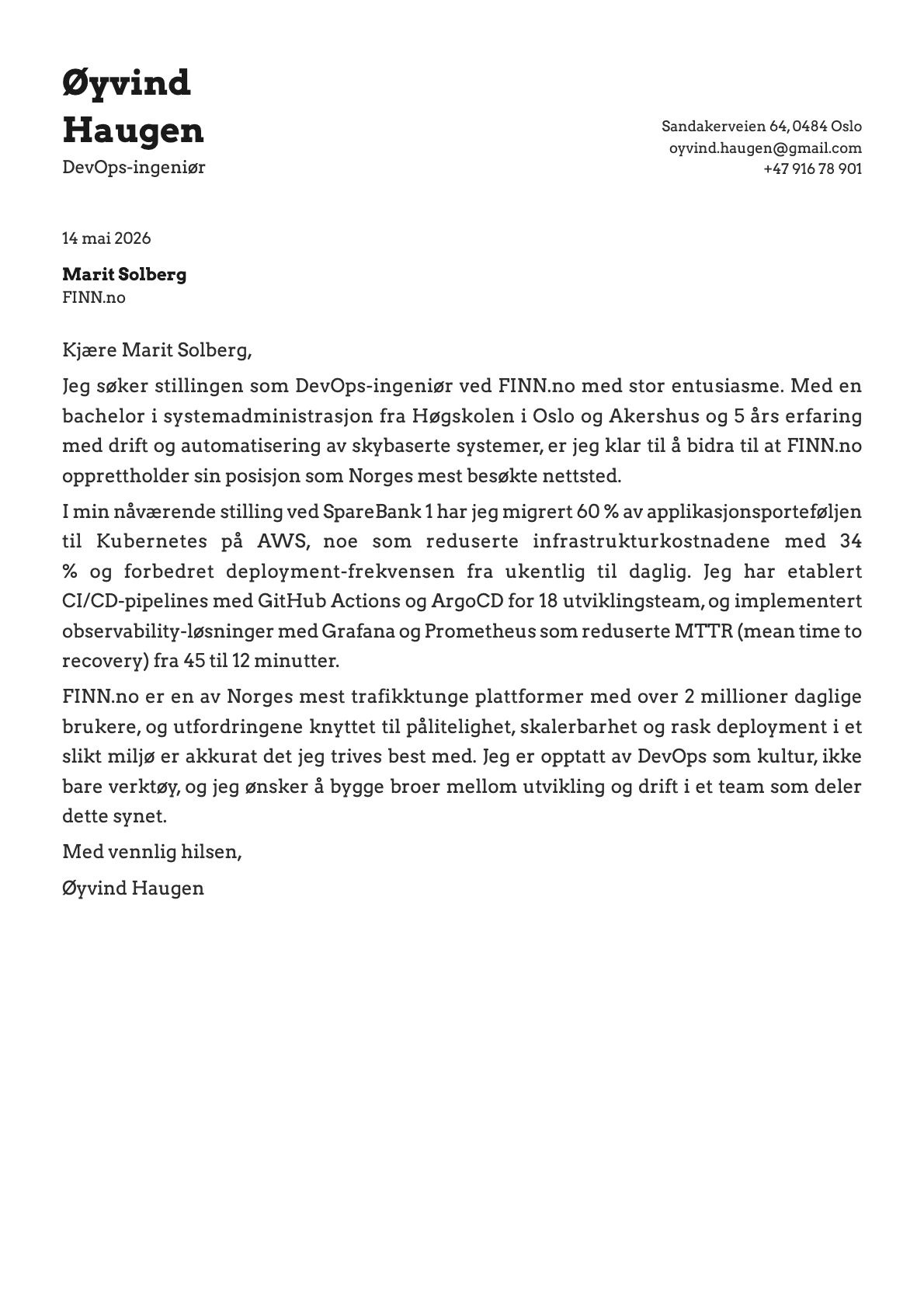 DevOps-ingeniør cover letter example