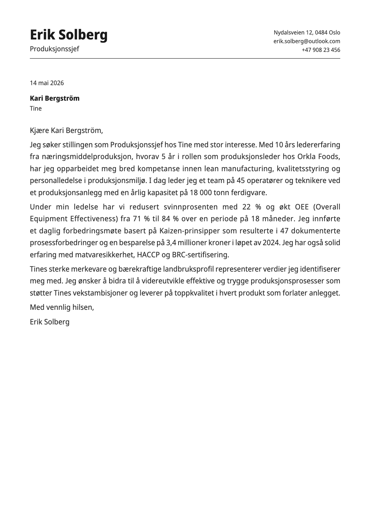Produksjonssjef cover letter example