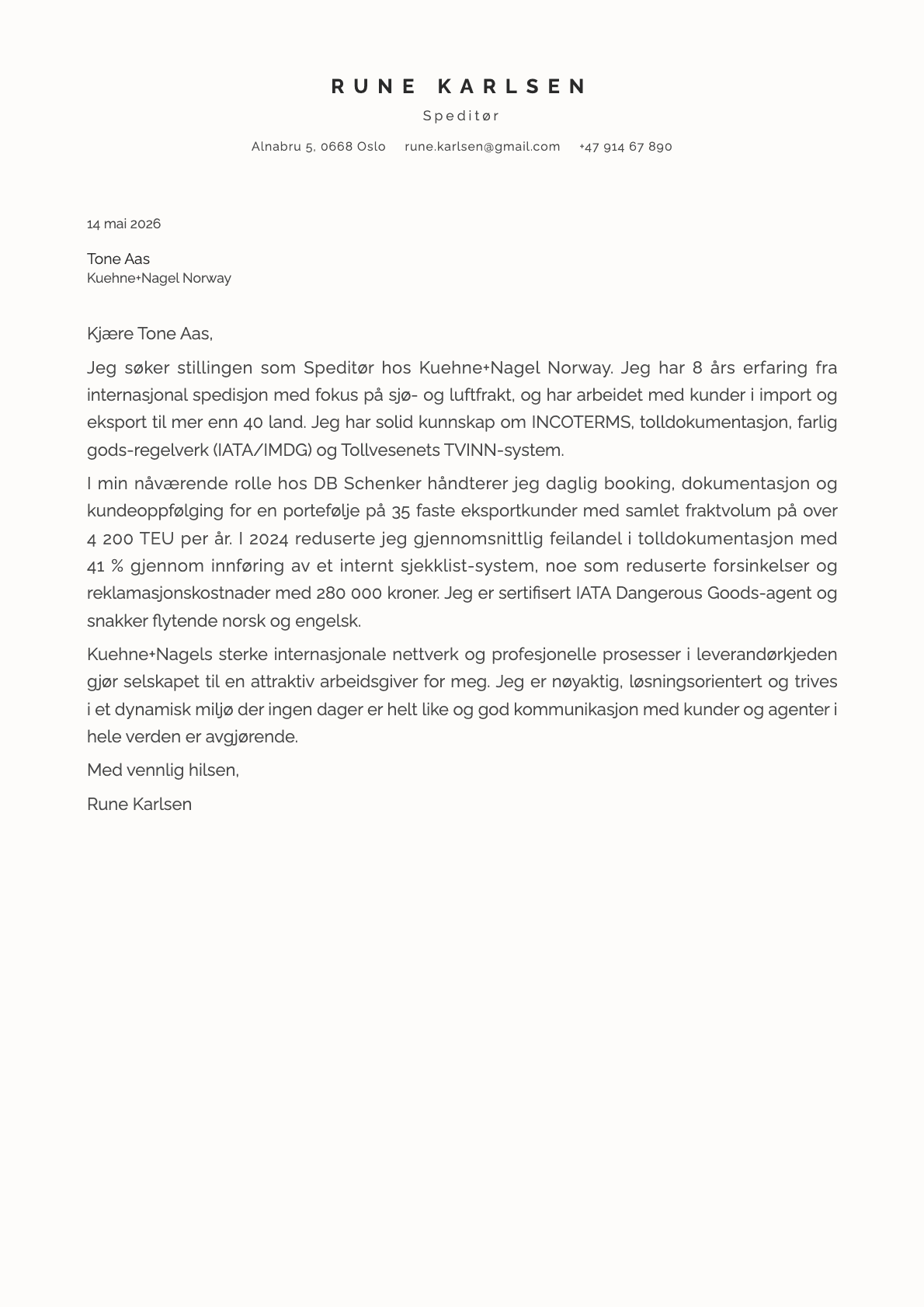 Speditør cover letter example