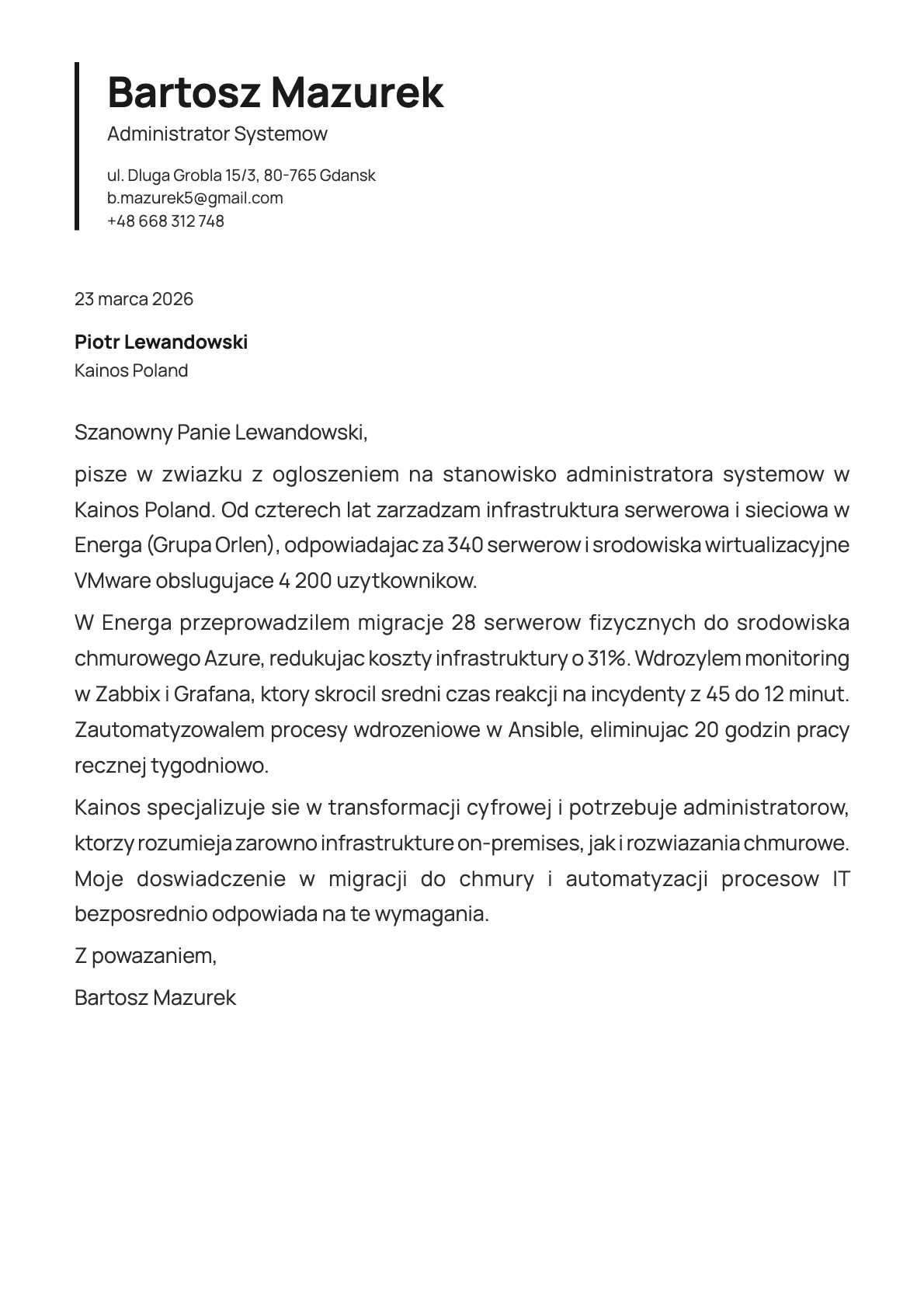 Administrator Systemow cover letter example