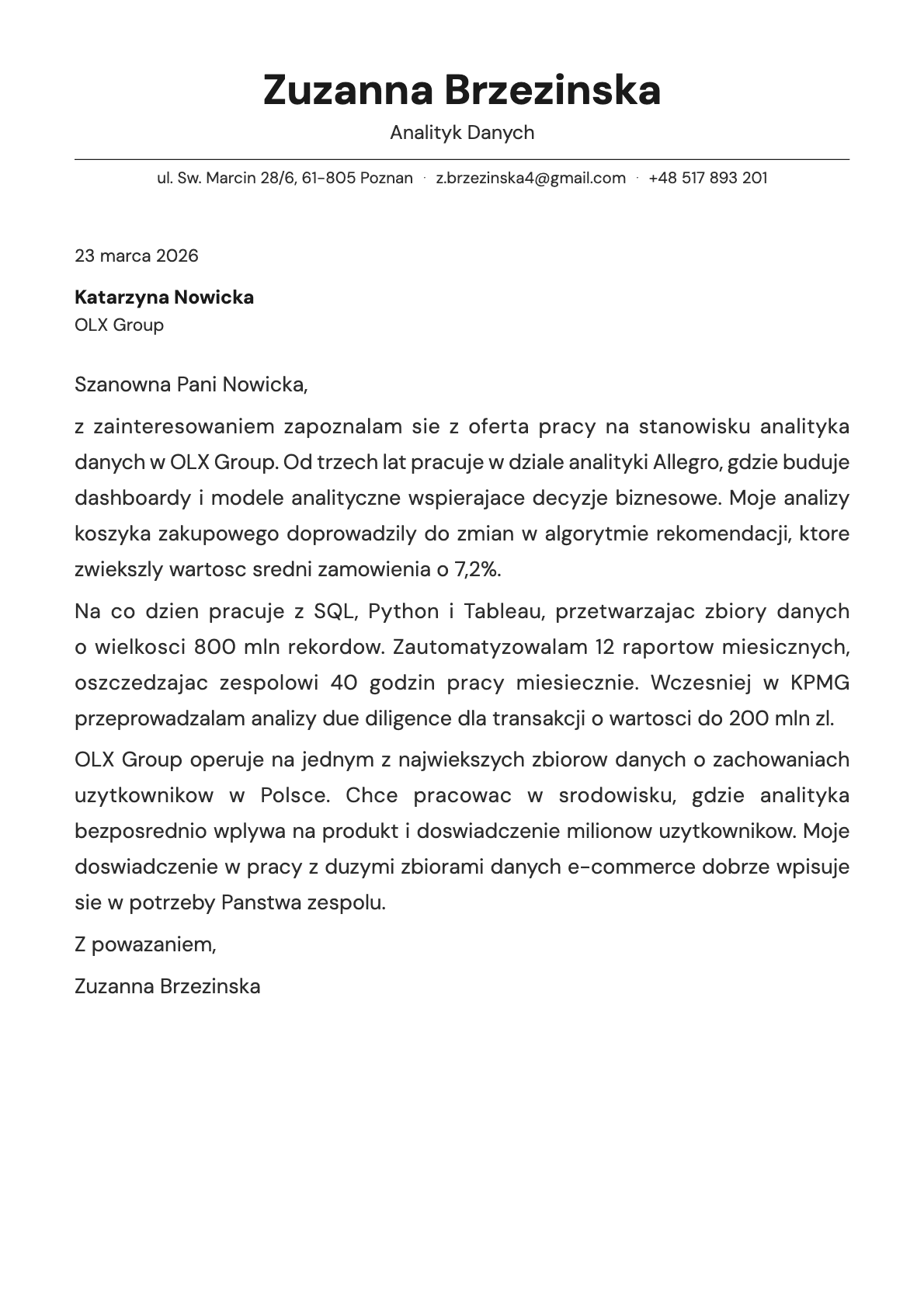 Analityk Danych cover letter example