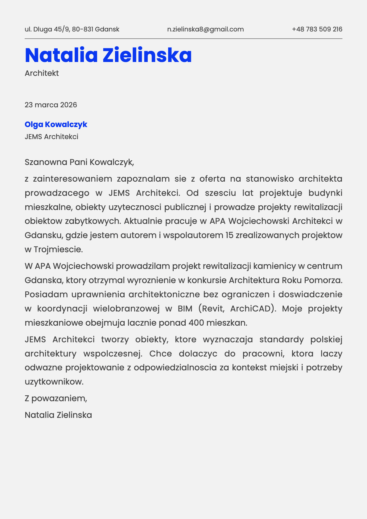 Architekt cover letter example