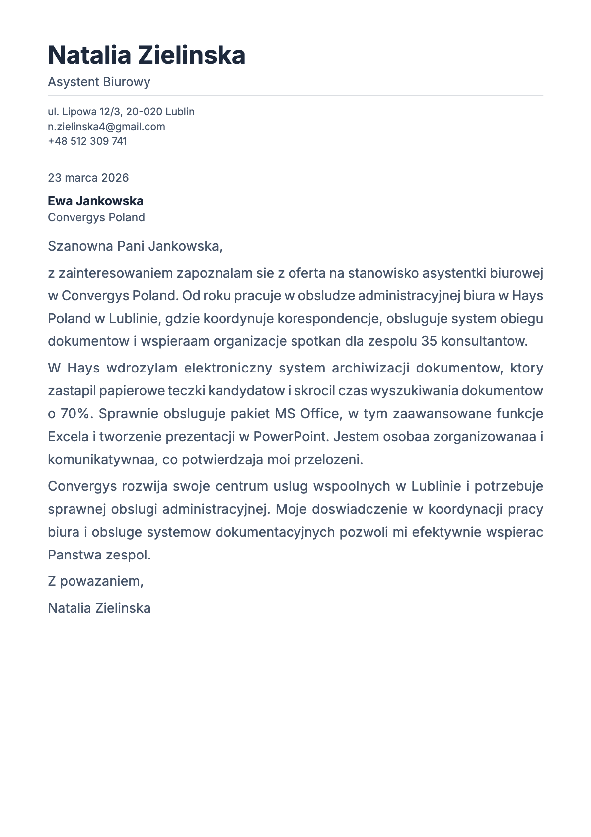 Asystent Biurowy cover letter example