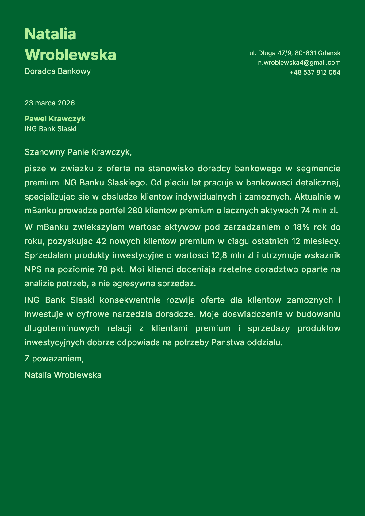 Doradca Bankowy cover letter example