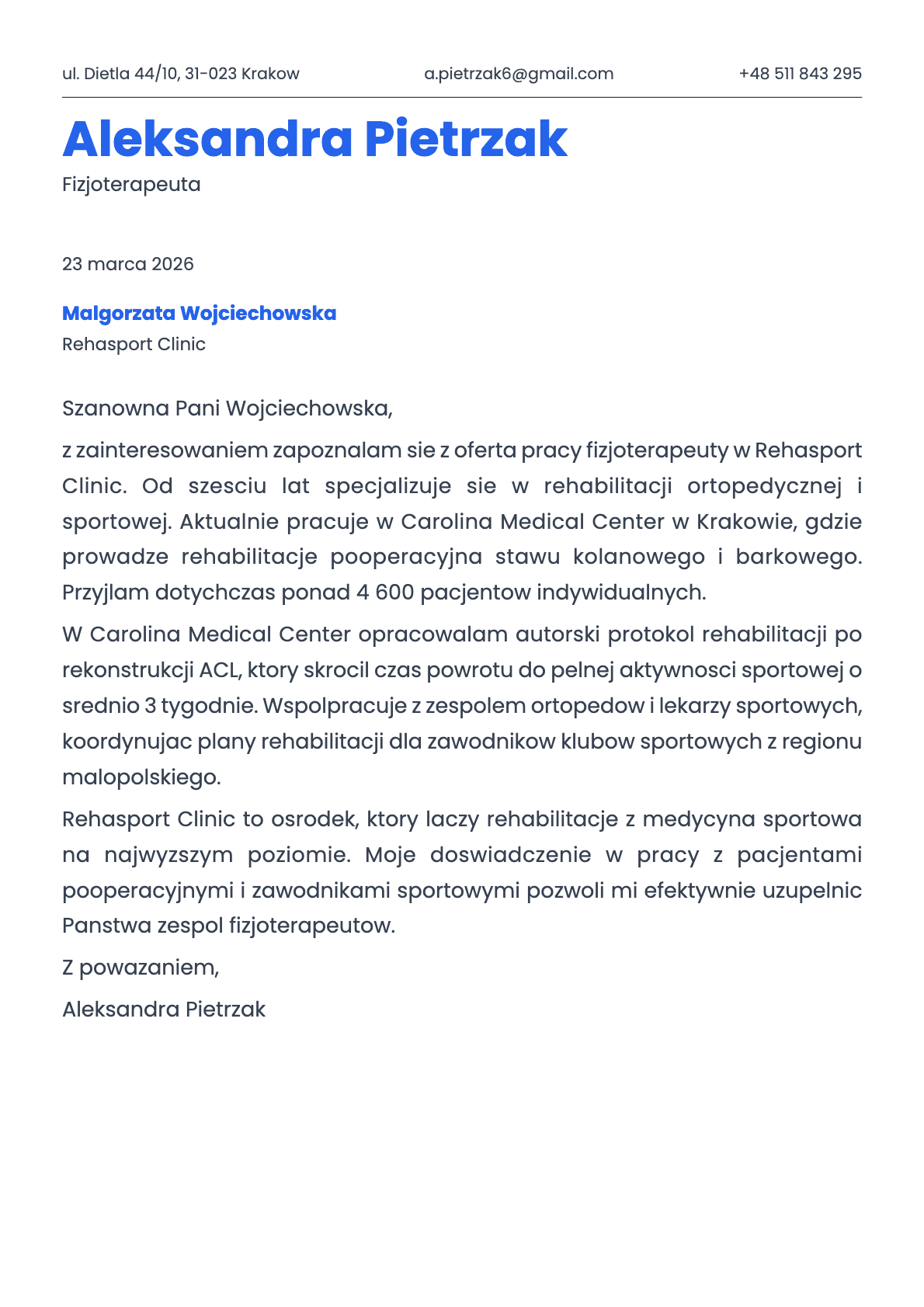 Fizjoterapeuta cover letter example