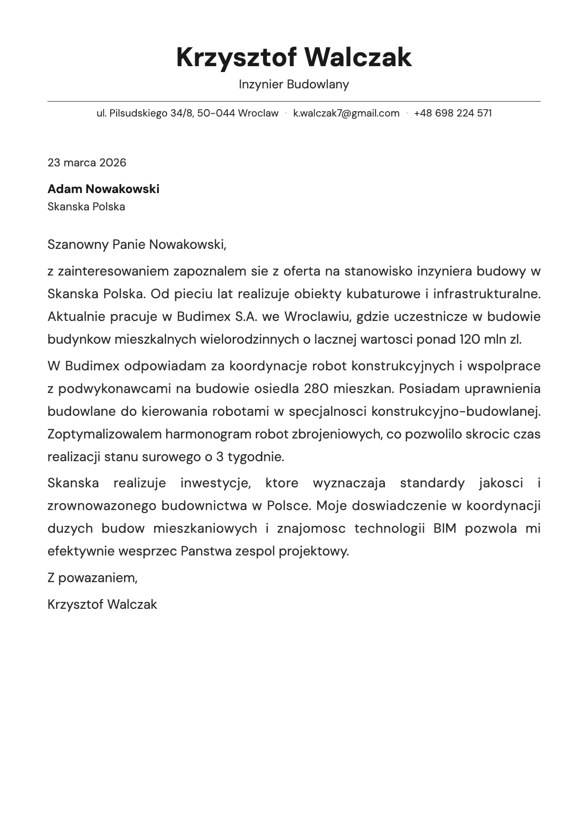 Inzynier Budowlany cover letter example