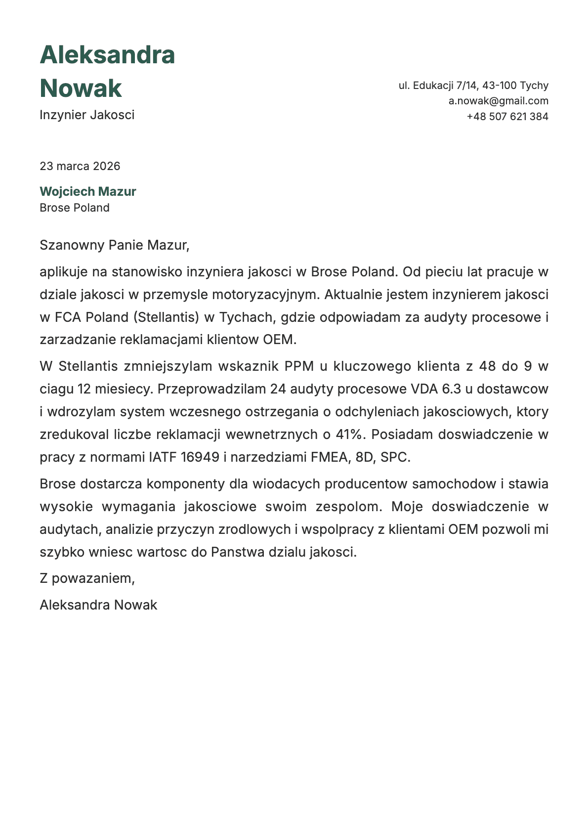 Inzynier Jakosci cover letter example