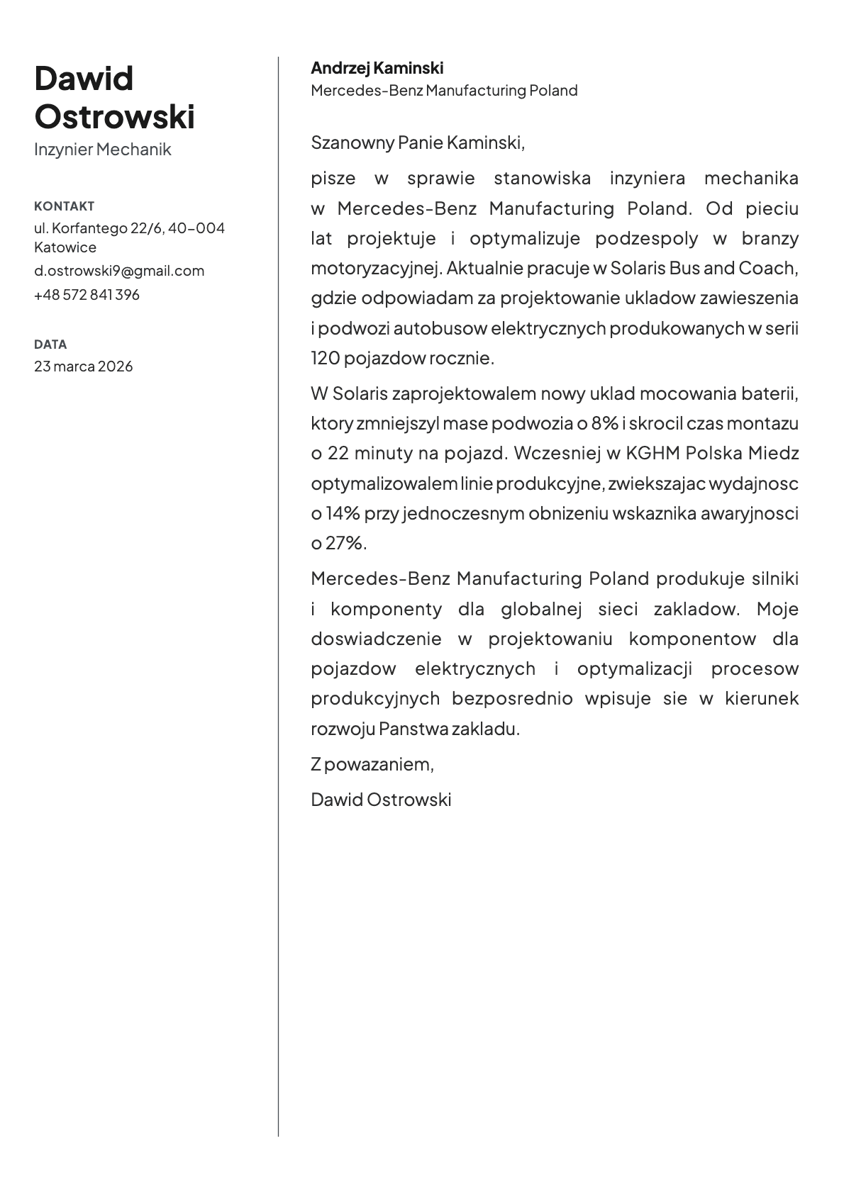 Inzynier Mechanik cover letter example