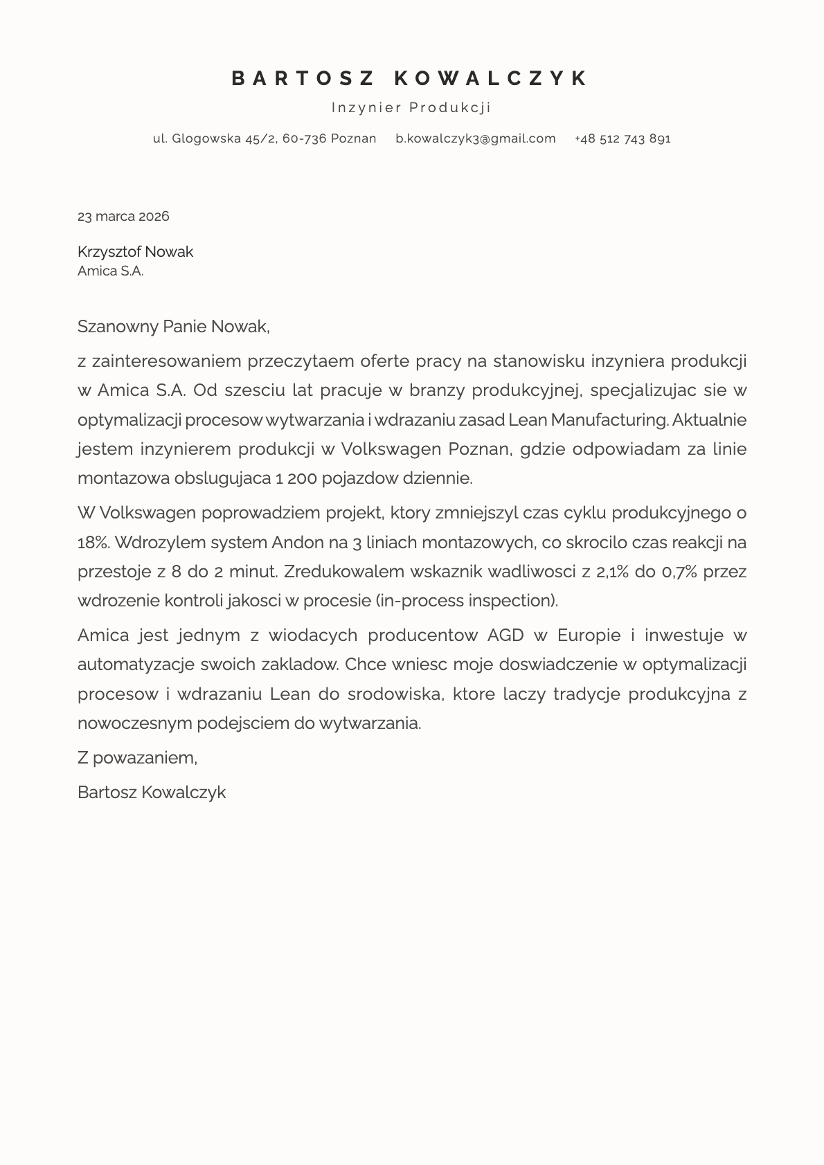 Inzynier Produkcji cover letter example