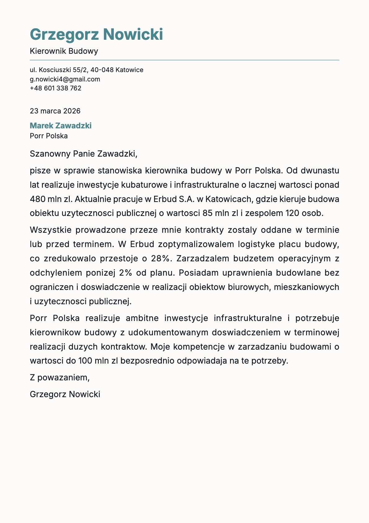 Kierownik Budowy cover letter example