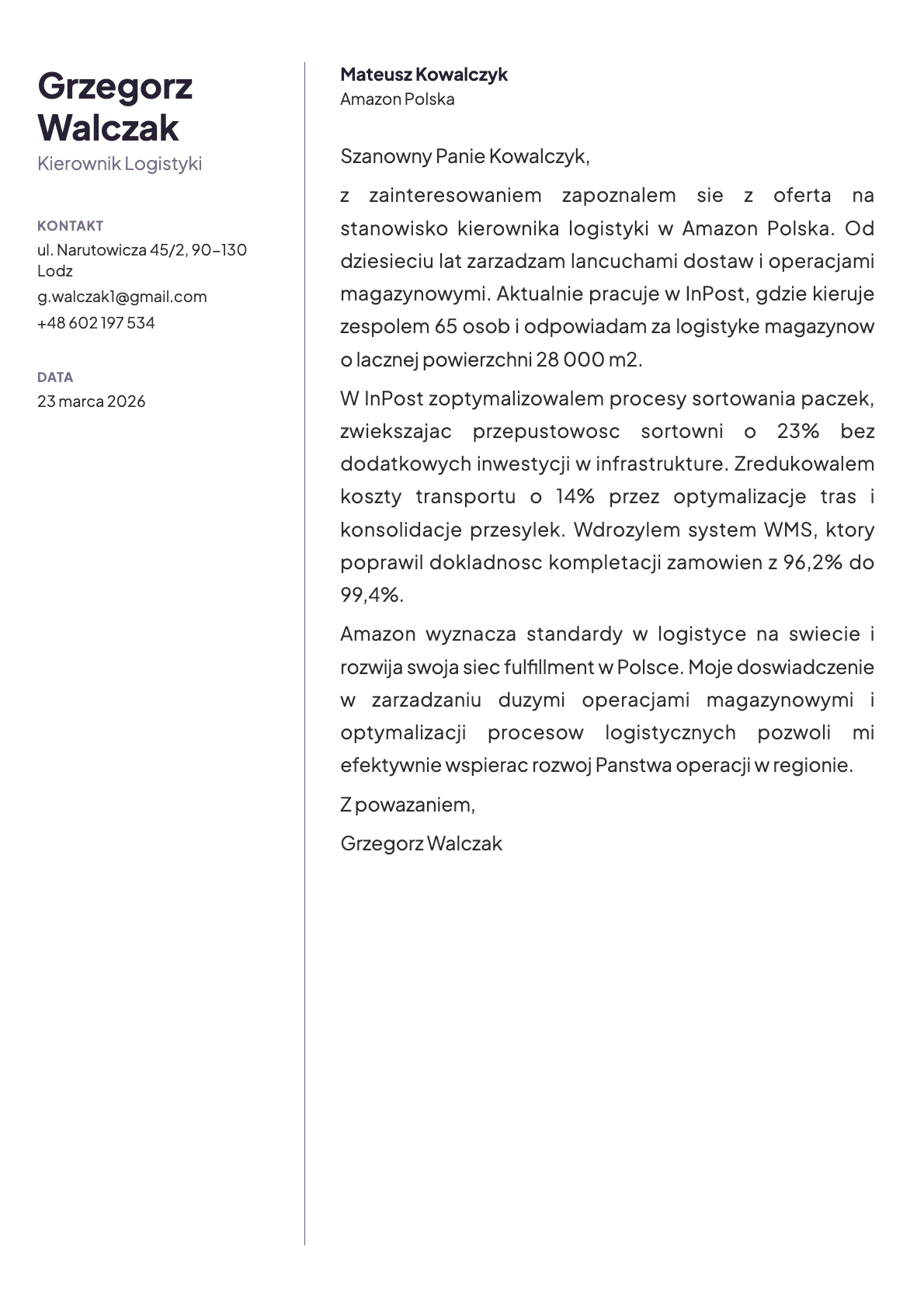 Kierownik Logistyki cover letter example