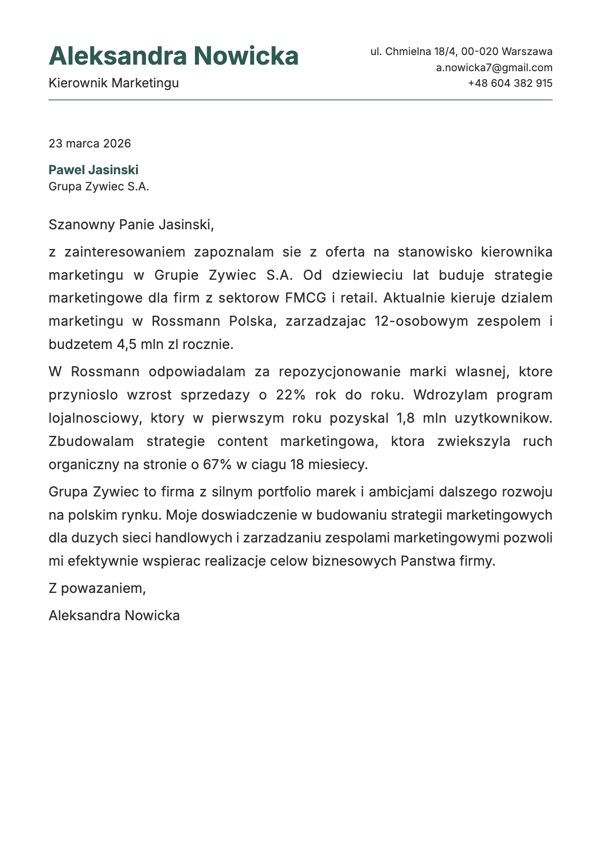 Kierownik Marketingu cover letter example