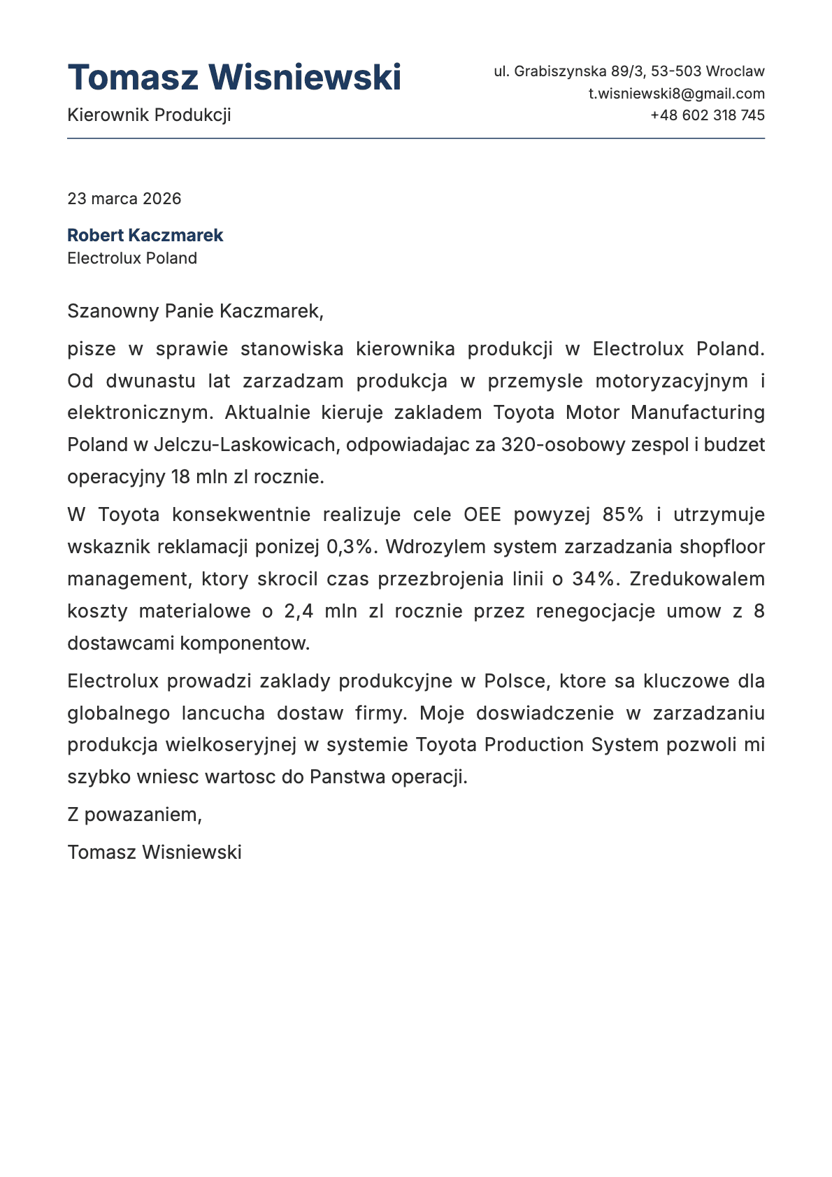 Kierownik Produkcji cover letter example