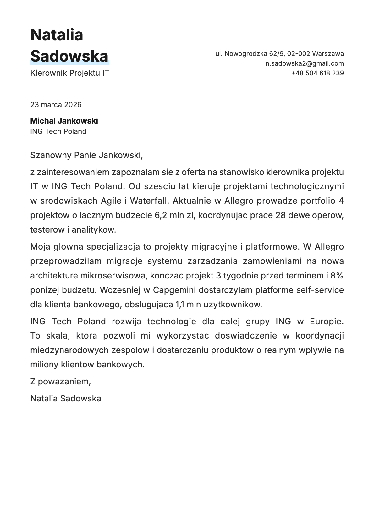 Kierownik Projektu IT cover letter example