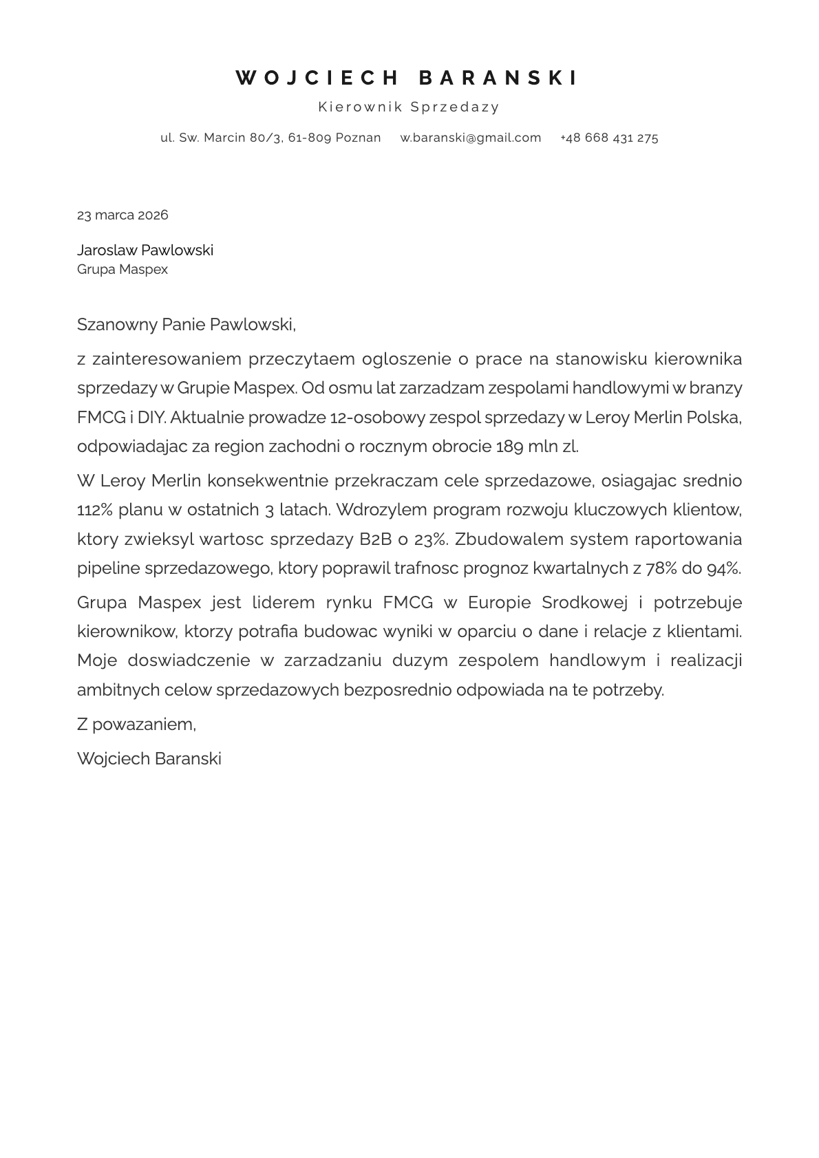 Kierownik Sprzedazy cover letter example