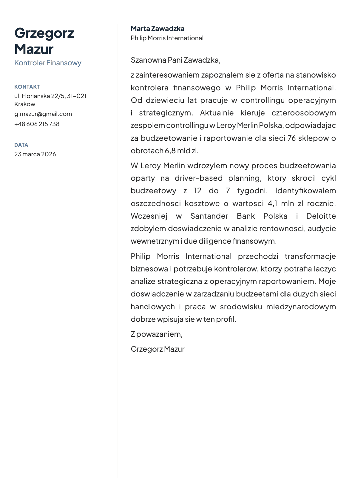 Kontroler Finansowy cover letter example