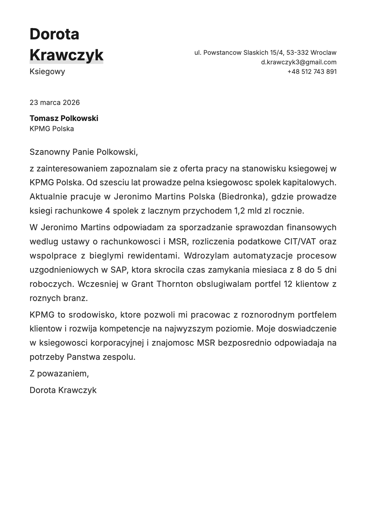 Ksiegowy cover letter example