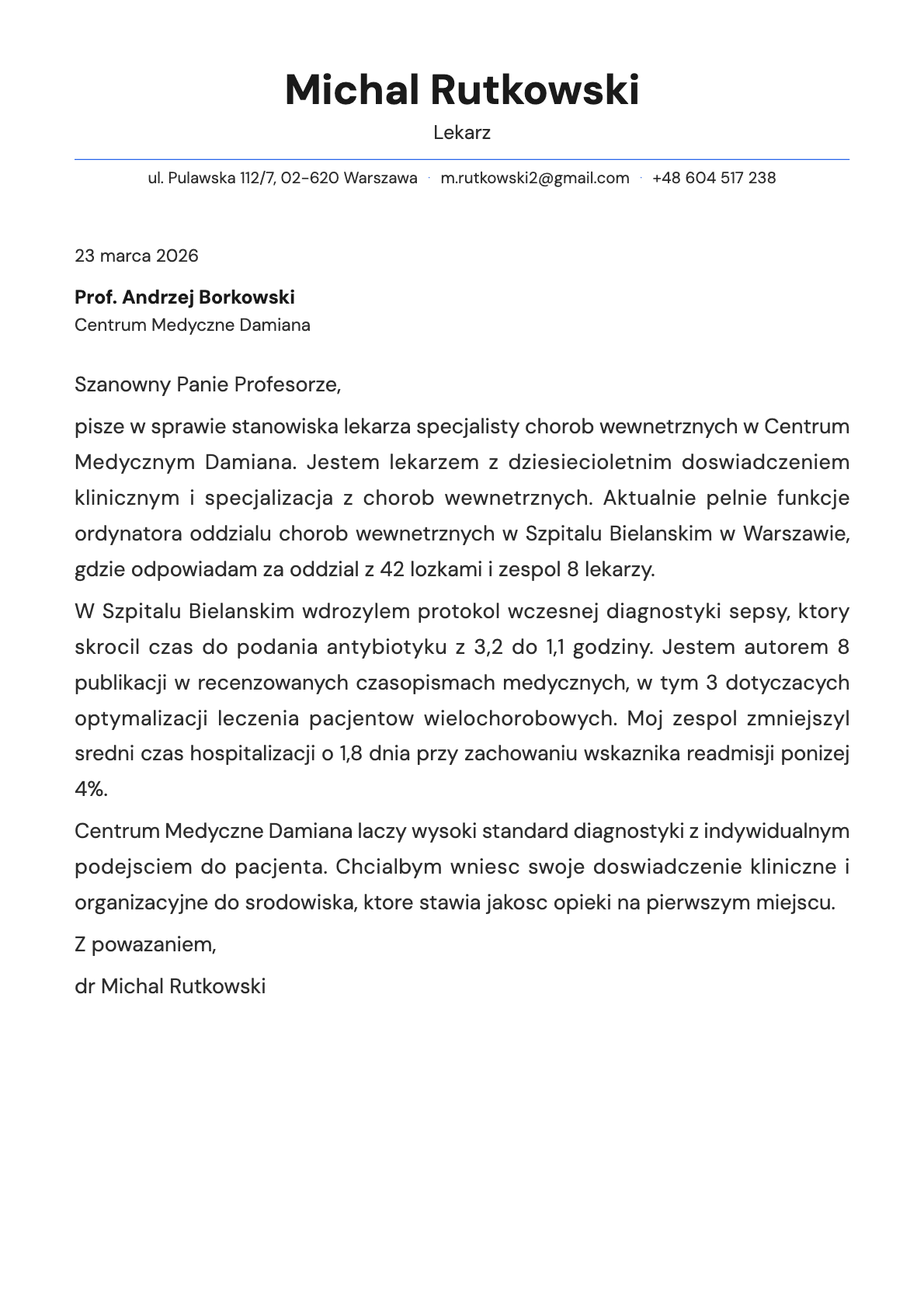 Lekarz cover letter example