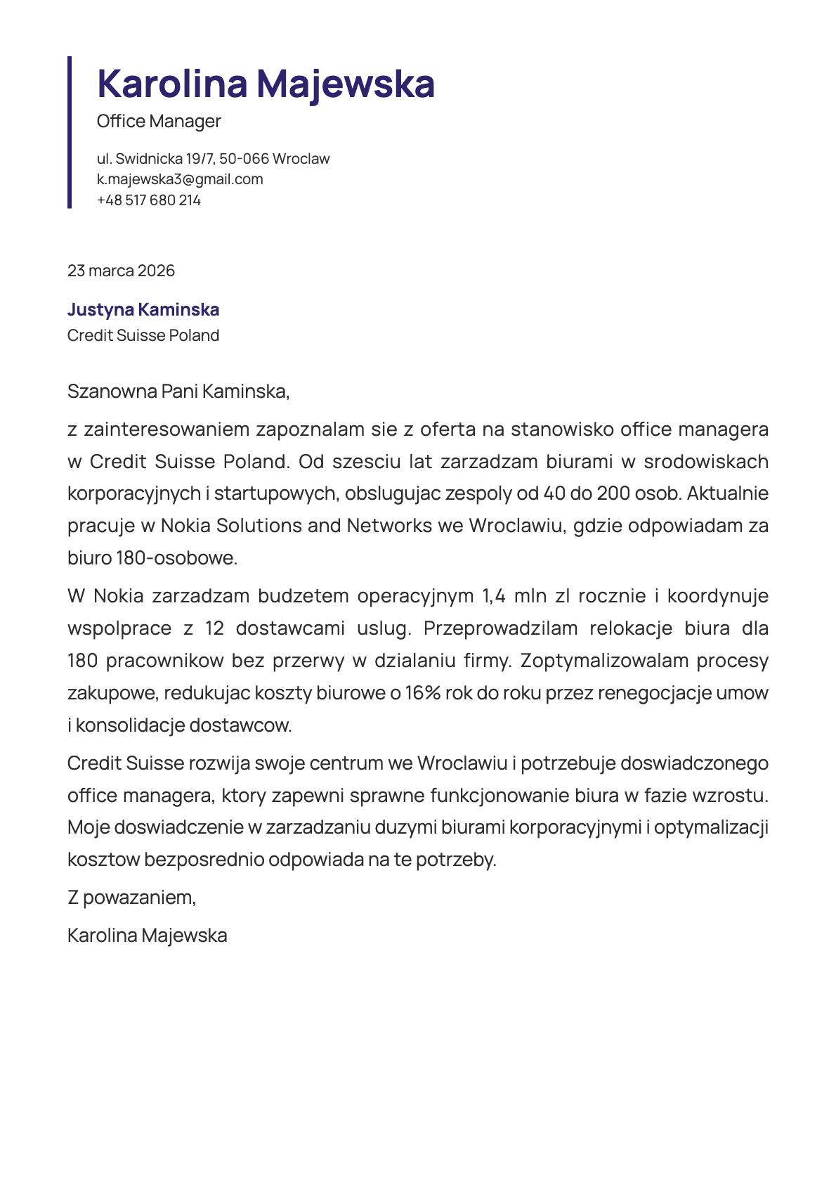 Office Manager cover letter example